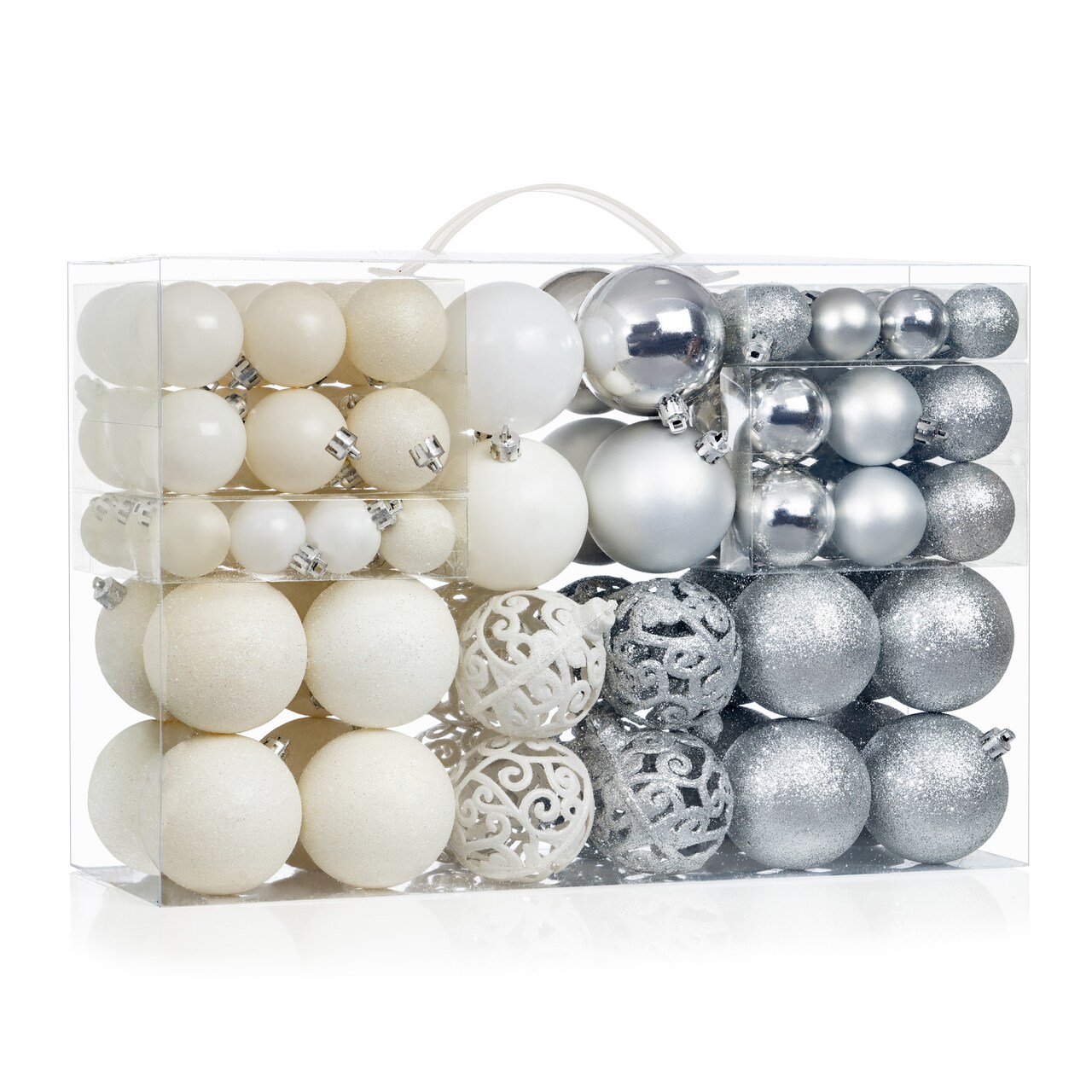 R N' D Toys 100 Silver and White Christmas Ornament Balls Shatterproof + 100 Metal Ornament Hooks, Hanging Ornaments for Indoor/Outdoor Christmas Tree, Holiday Party, Home Décor
